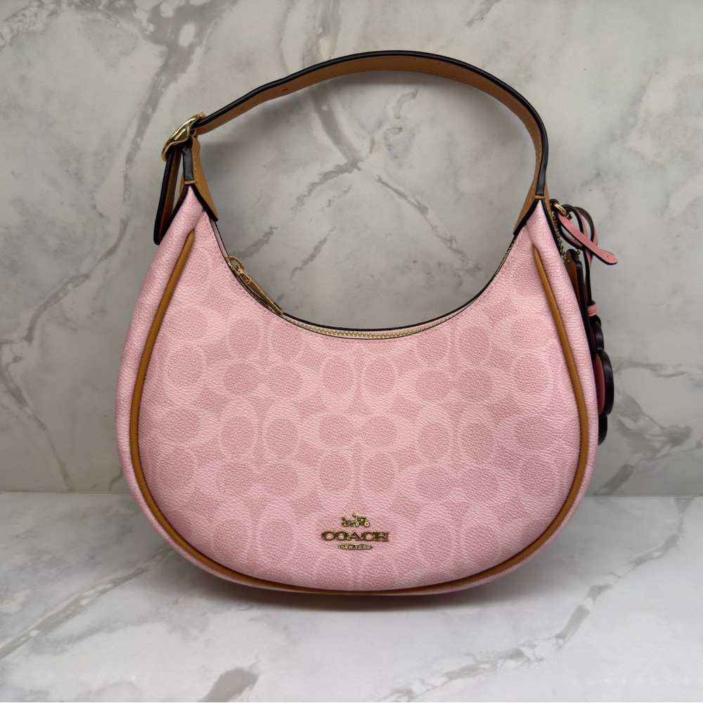 Coach Pink Signature Hobo Shoulder Bag with Tan Trim